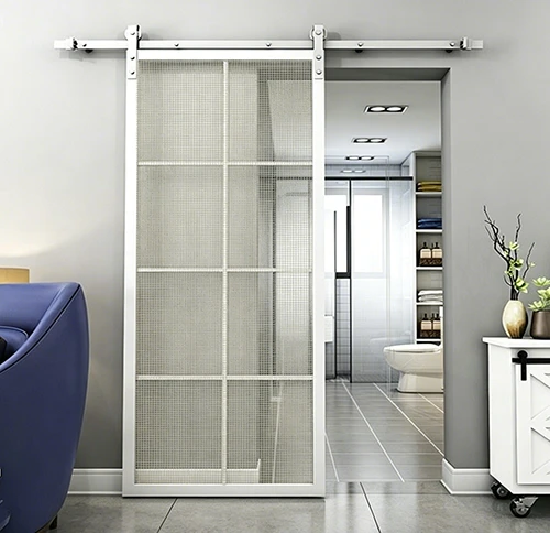 Grey Grid Fabric Laminated Glass Barn Door Grey Grid Fabric Laminated Glass Barn Door